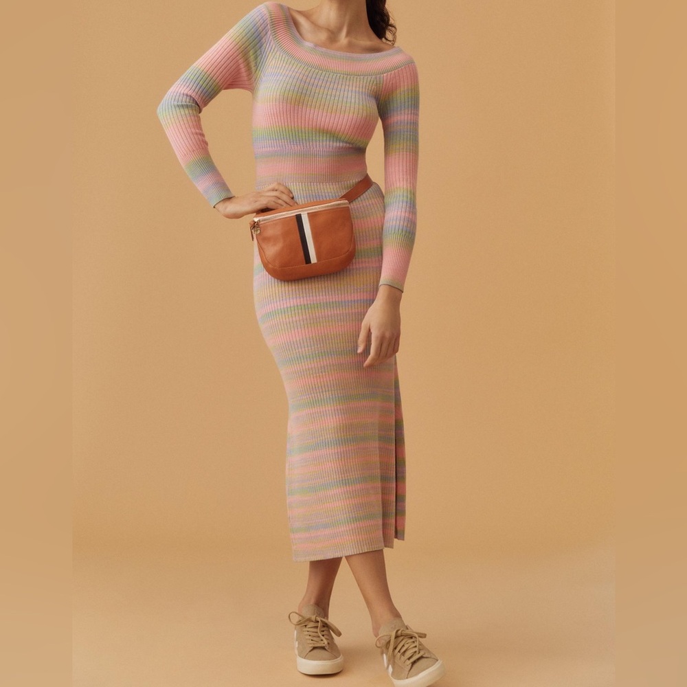 NWOT Anthropologie Daily Practice Rainbow Striped Sweater Midi Dress Pink Combo